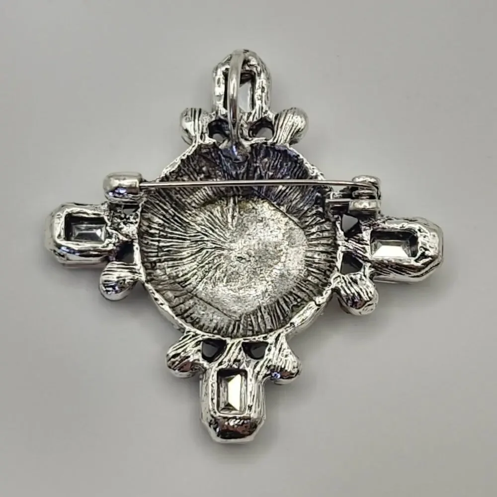 Cameo Brooch Silver Tone Metal with Faux Smoky Gray Jewels & Rhinestones Cross